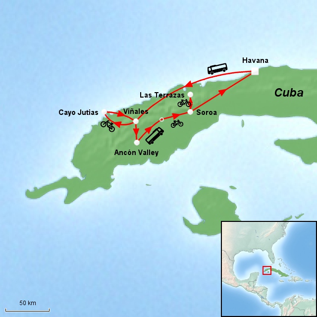 Kart over sykkelreisen Cuba by Bike
