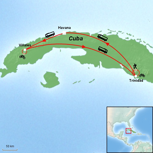Kart over sykkeleventyr på Cuba