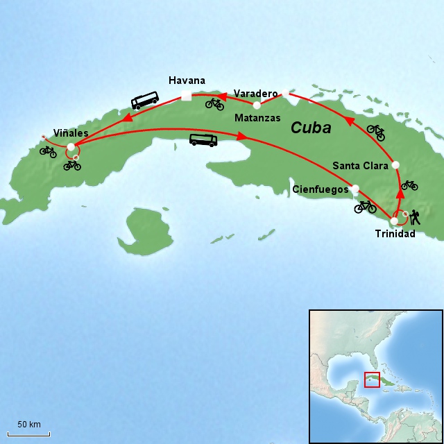 Kart over sykkelferien Cuba Crossover